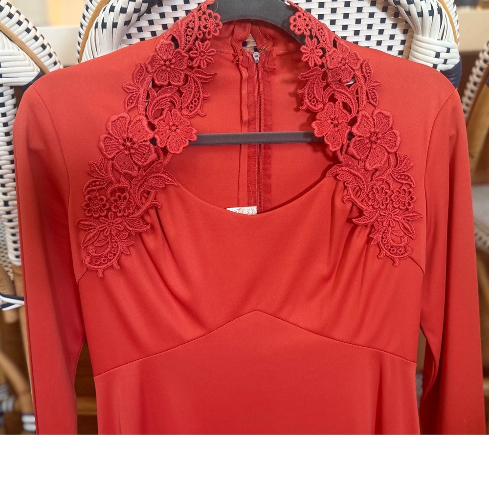 Vintage 1970s ILGWU Orange Maxi Dress Lace Trim V-Neck Long Sleeve Size 12 USA